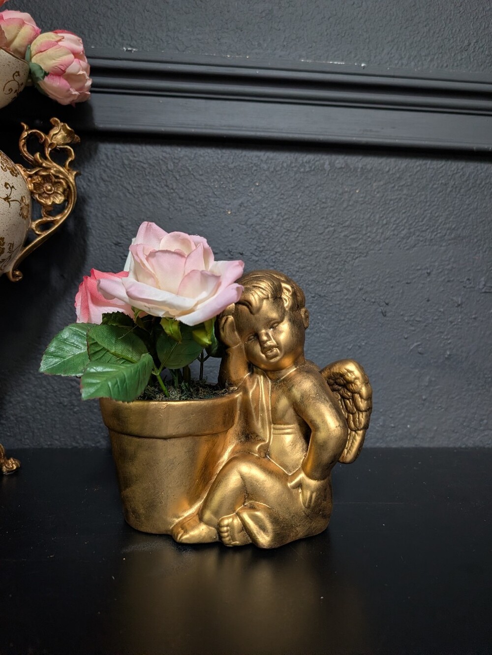 Vintage Caffco Gold Cherub Angel Planter, Hollywood Regency Putti Decor, 7.5"